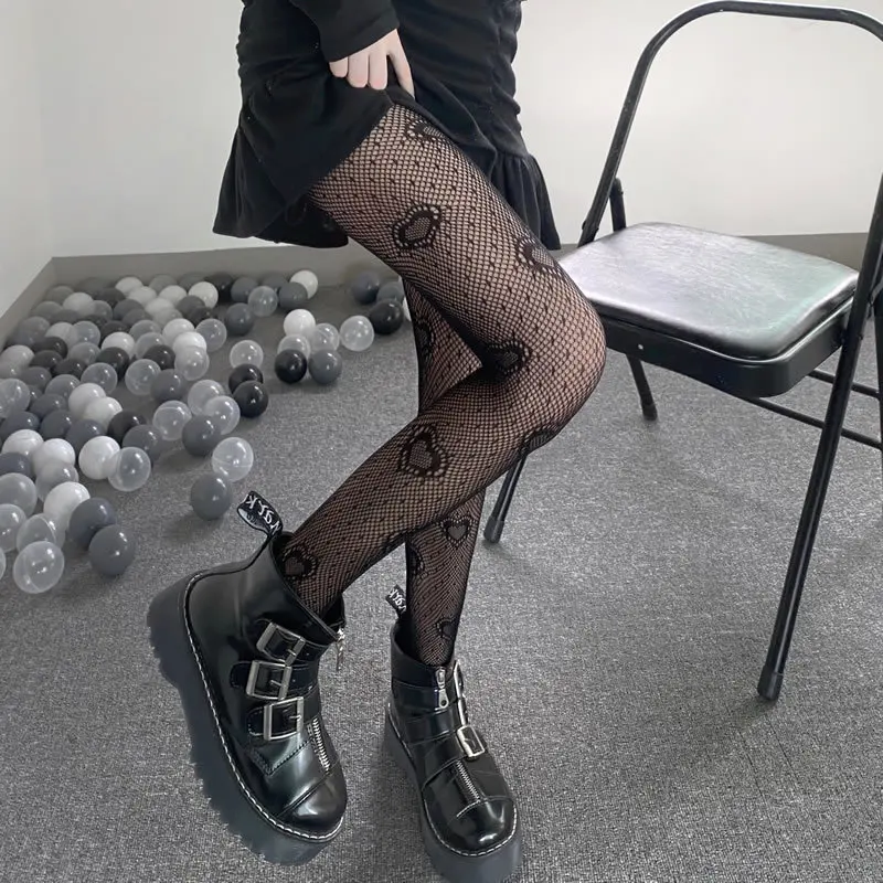 Gothic Damen Lolita Leggings mit Lochmuster, Retro Mädchen Strümpfe, Japanische Spitzenstrumpfhose mit Blumenmuster, Schwarze Strumpfhose – Detail 21