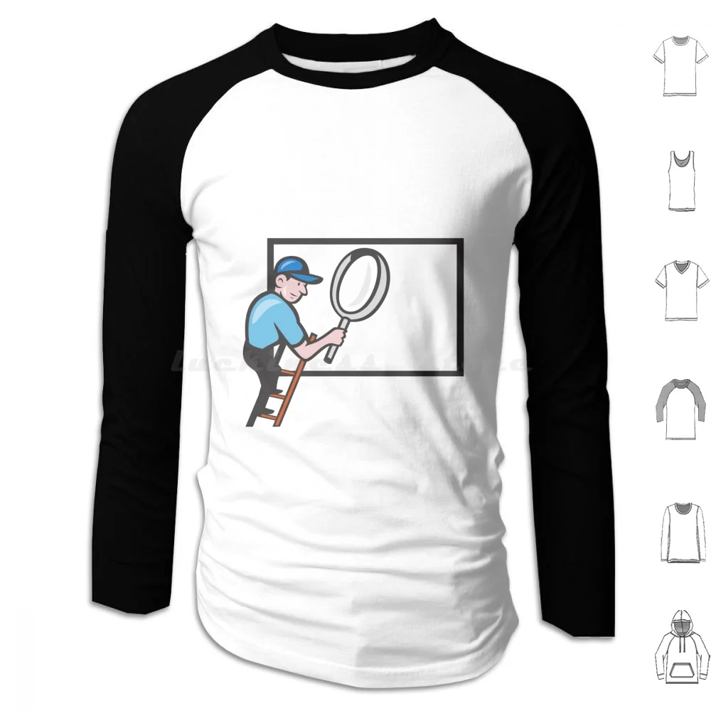 Worker Ladder Magnifying Glass Billboard Cartoon Hoodie cotton Long Sleeve Worker Tradesman Handyman Magnifying Glass