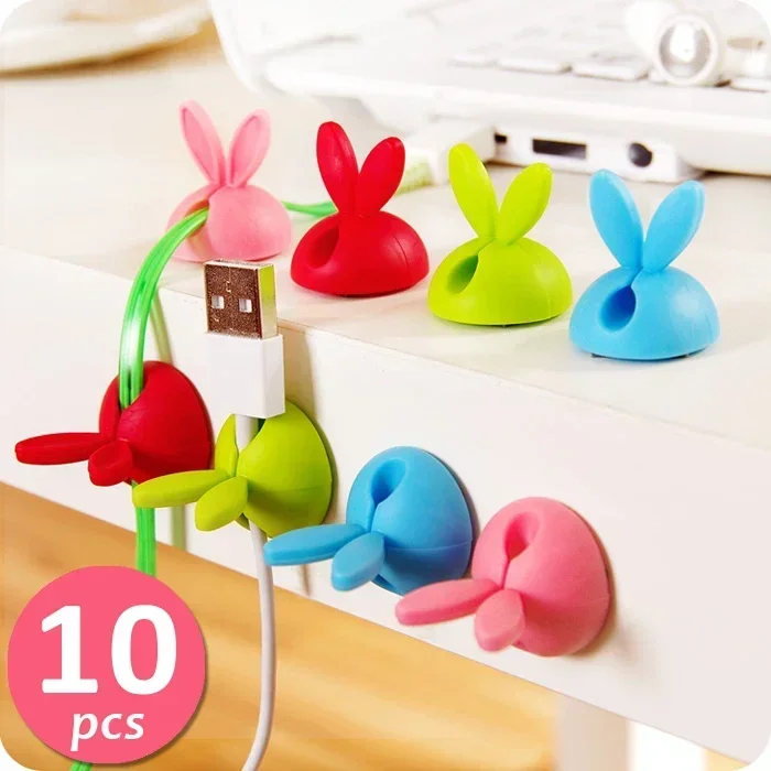 1-10pcs Cable Manager Cute Bunny Ears Cable Clips Silicone Back Adhesive Desk Sticker Phone Charger Winder Earphones Wire Holder