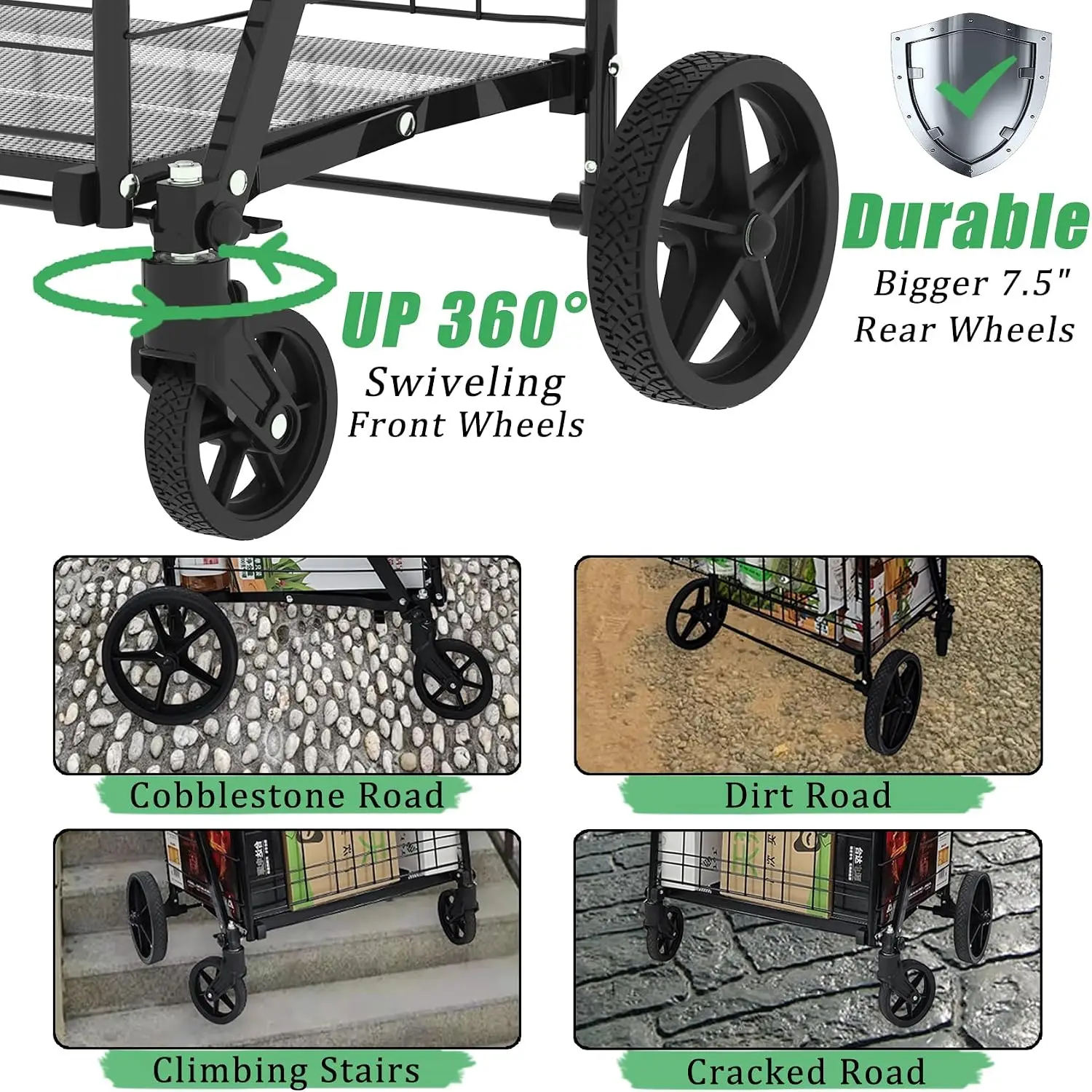 Heavy Duty Folding Shopping Cart With 360 Swivel Wheels Waterproof Grocery Utility Cart Jumbo Laundry Transport Trolley With Large Capacity Storage Bag Silver Black view 4