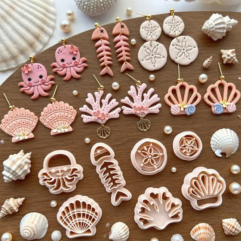 Cortadores de argila de polímero de botânica oceano concha polvo areia dólar coral espinha de peixe cerâmica macia brinco de argila corte pingente fazer ferramentas