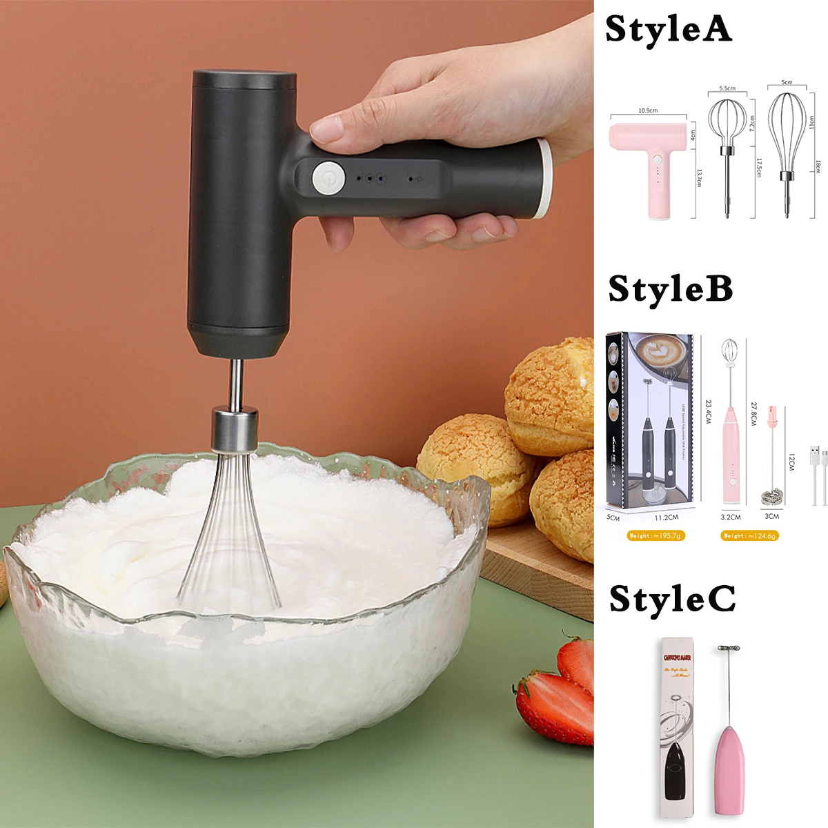 Electric Whisk USB High-power Rechargeable Cream Mixer Kitchen Household Hand-held Mini Stainless Steel Whisk  Baking Tool