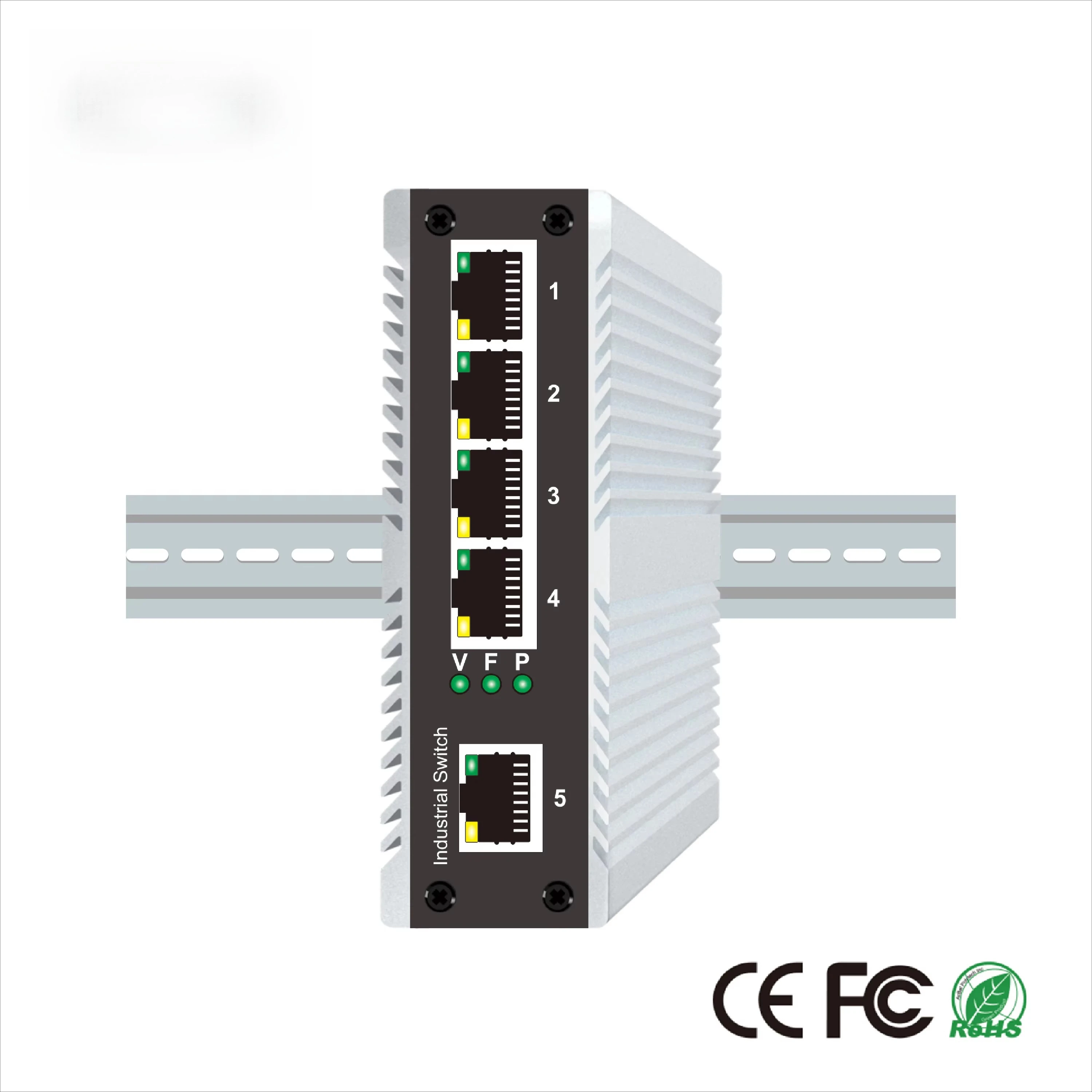 5-port PoE Industrial Switch VLAN Isolation, High Temperature Resistance, IP40 Protection, DC Dual Power Rail Installation