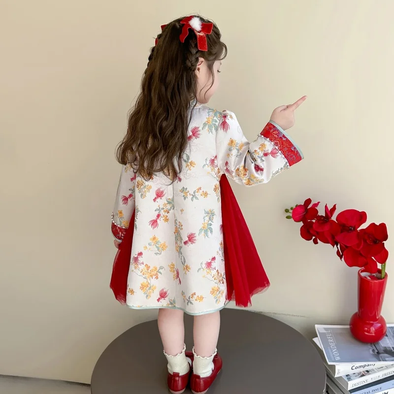 Girls Cheongsam Spring Autumn Children Clothes Kids Tangsuit Baby Chinese Traditional Beading Lace Patchwork Long Sleeve Dress