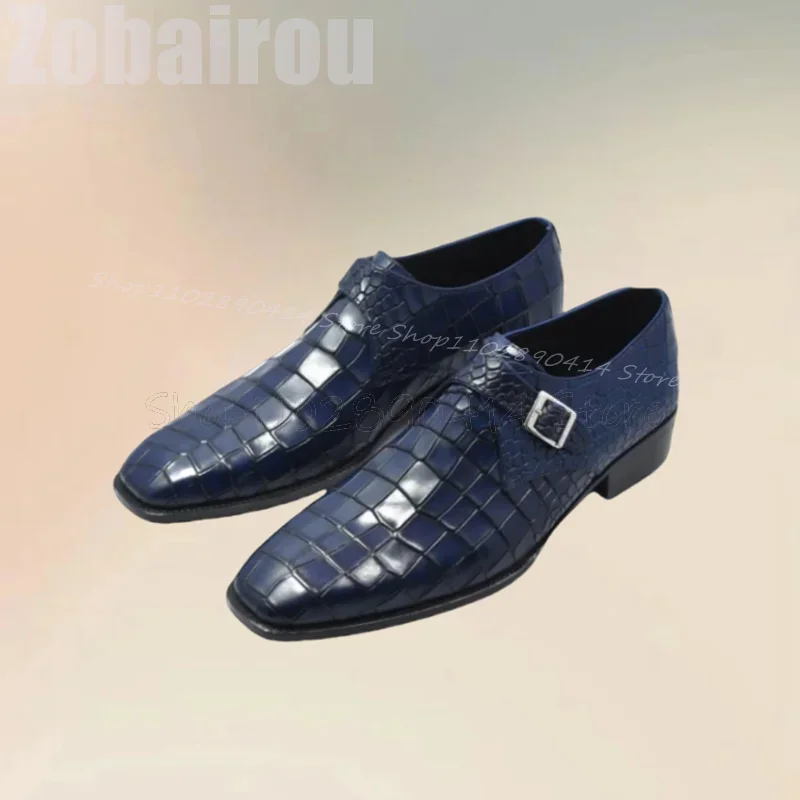 

Navy Blue Crocodile Print Buckle Decor Loafers Fashion Slip On Men Shoes Luxurious Handmade Party Feast Office Men Dress Shoes