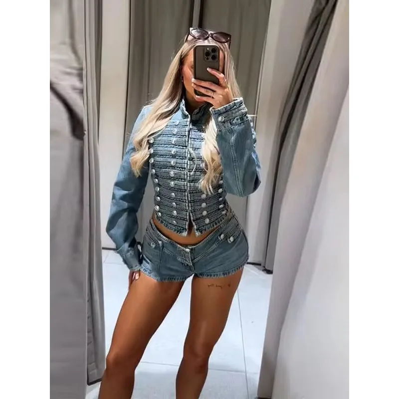Chic Stand Collar Denim Coat Shorts Set Women Multiple Rows Button Decoration Jacket Low Waist Jean Shorts Retro High Streetwear