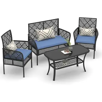 Juego de 4 muebles de patio para exterior, sillas de ratán sintético, muebles de mimbre con mesa de centro de cristal y cojines suaves, asientos para exterior 8 best sales Muebles de exterior - №8
