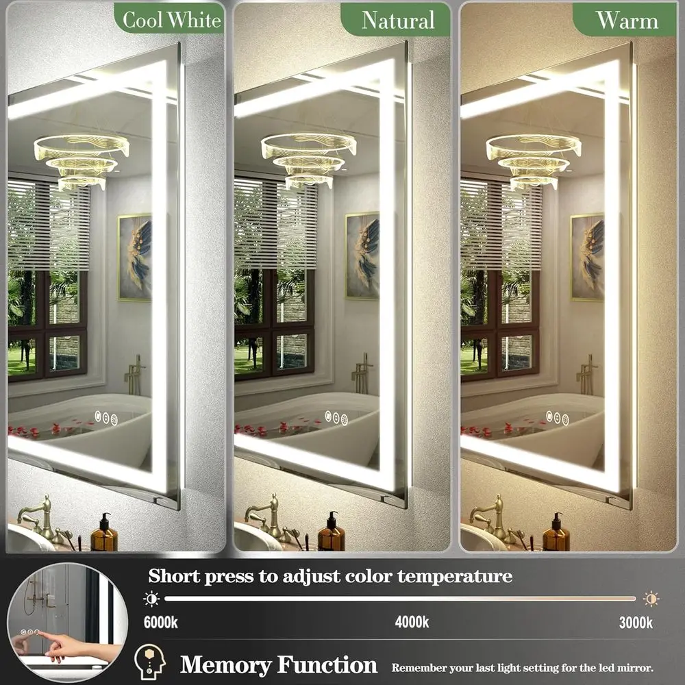 مرآة زينة LED قابلة للتعتيم مع 48 × 30، مثبتة على الحائط، مزيل الضباب، مقاومة للكسر، 3 خيارات ألوان، معتمدة من ETL #3