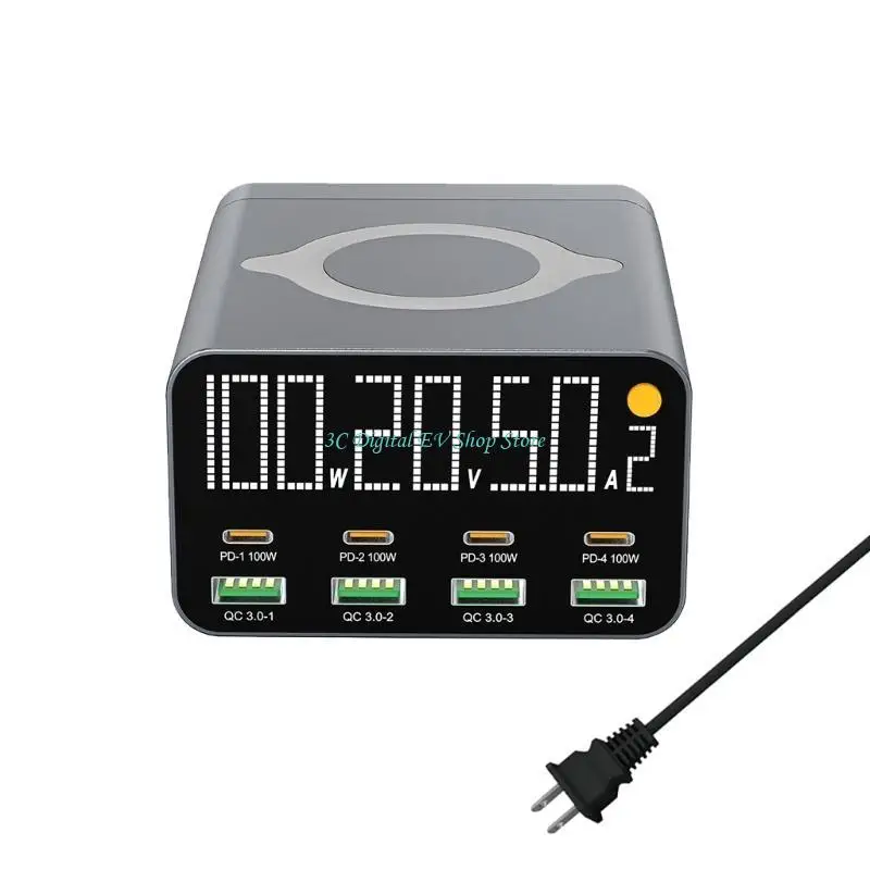 E74D 8Port PD100W Charging Station For Phones Tablets With Wireless Charging Function