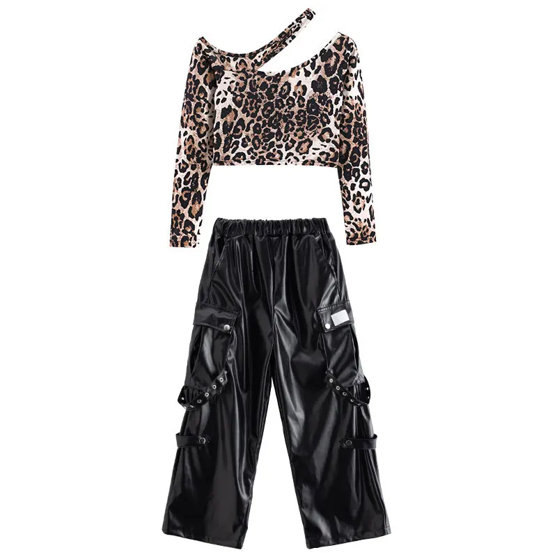 Ropa de baile de salón para niños, camiseta de leopardo para niñas, traje de baile con parte inferior de cuero, uniforme de Hip Hop a la moda