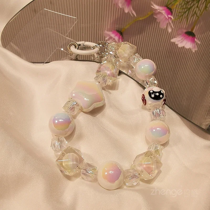 Mobile Phone Chain Lanyard Short Beaded Bracelet Cream Star Bead Pendant Graffiti Bead Pendant for Girls  Phone Charm  Lanyard