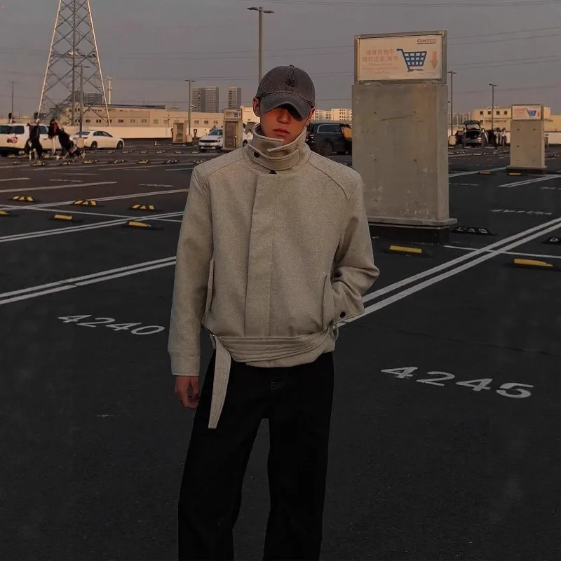 

Мужская шерстяная куртка в американском стиле с завязками на плечах, осенне-зимняя, высококачественная, многовариантная, двусторонняя, с воротником-стойкой, укороченная