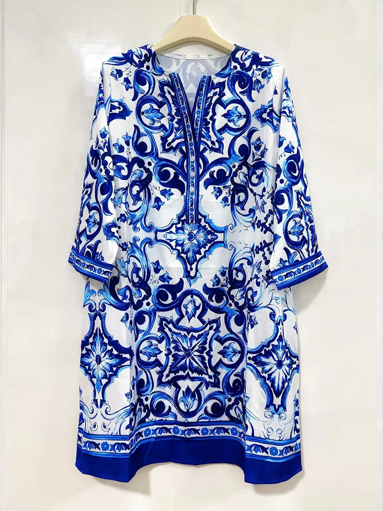 Retro geometric print V-neck pullover dress 2026 summer women's fashion T-shirt skirt loose plus size straight skirt