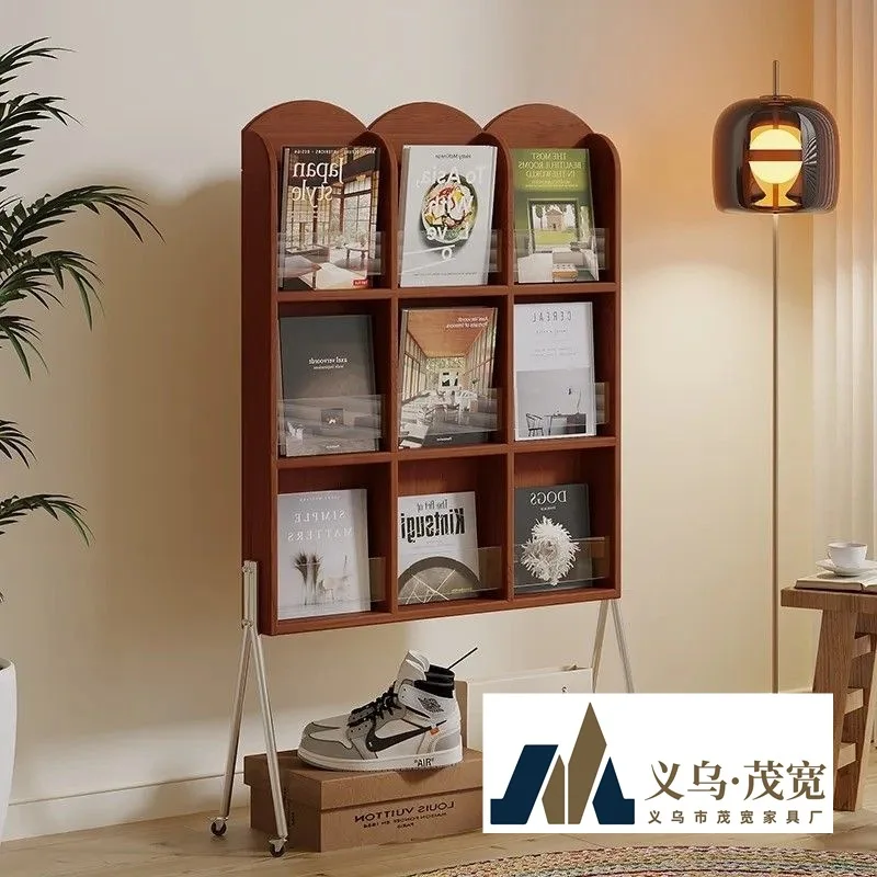 

Scandinavian Solid Wood Display Shelf for Living Room Vintage Magazine Rack Floor Standing Instagram Style Mobile Bookshelf