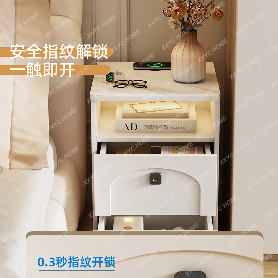 Smart Bedside Table Rechargeable with Fingerprint Lock Bedside Cabinet Safe Box Sandwich Cabinet