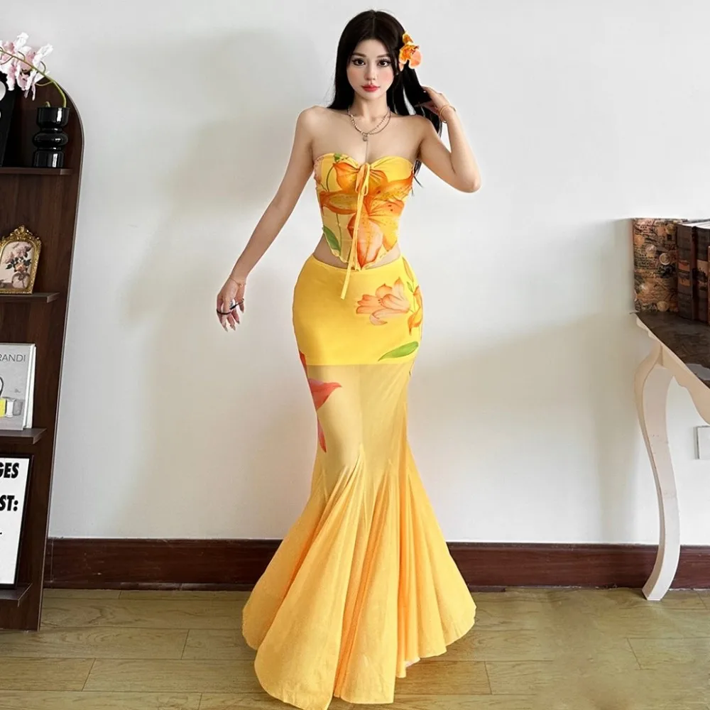 

SylCue Flower Print 2 Piece Set Women Summer Matching Holiday Style Suits Sexy Lace-Up Strapless Tops+Mesh Patchwork Long Skirts