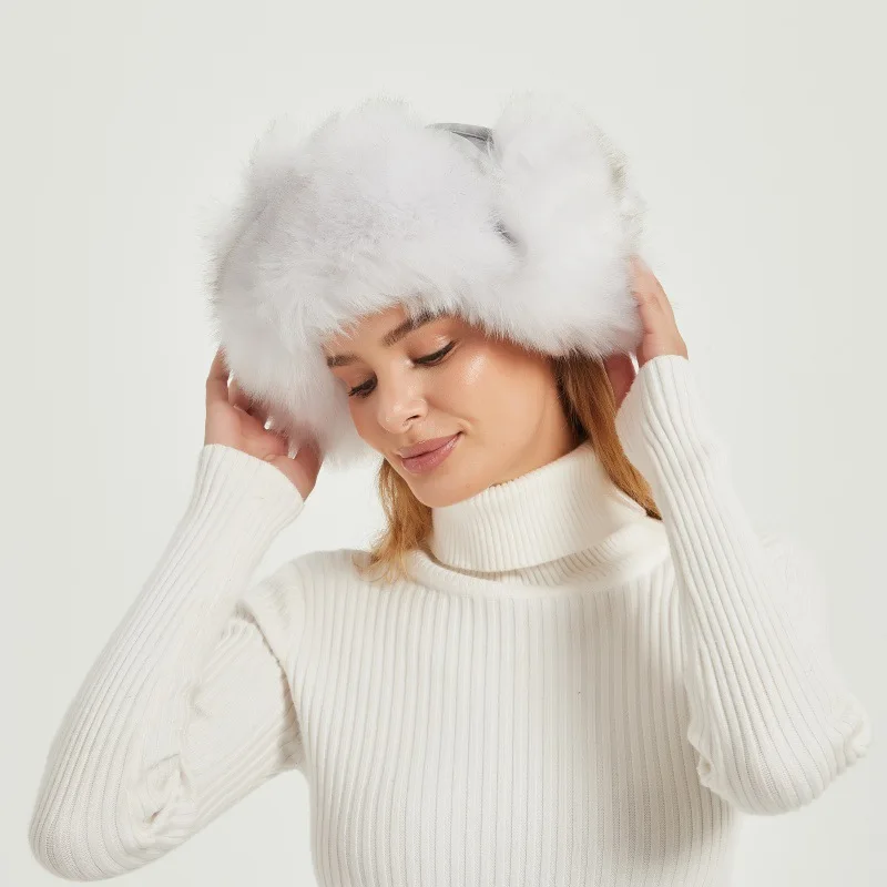 Russian Fur Warm Fox Fur Hat Winter Women's Ear Protection Autumn Pu Leather Items Hats Accessories Cap Bonnet Woman Ladies Caps