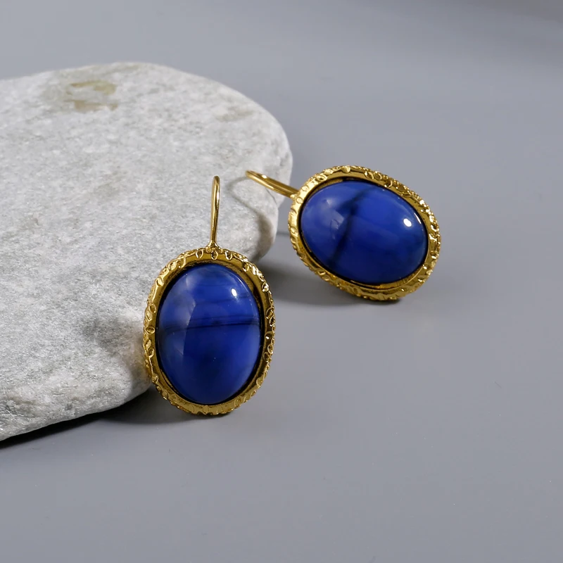 New Palace Retro Round Metal Earrings Natural Lapis lazuli Women\'s Jewelry