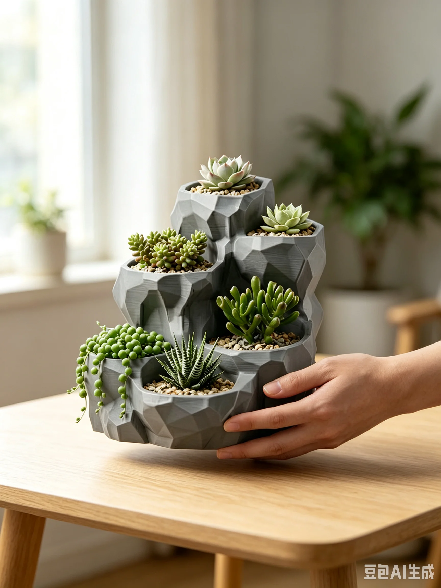 Rockery Rock Style Sukkulententopf aus Kunstharz, Tischblumentopf mit mehreren Pflanzmöglichkeiten, dekorativer Topf für Kakteen und kleine Pflanzen. – Detail 2
