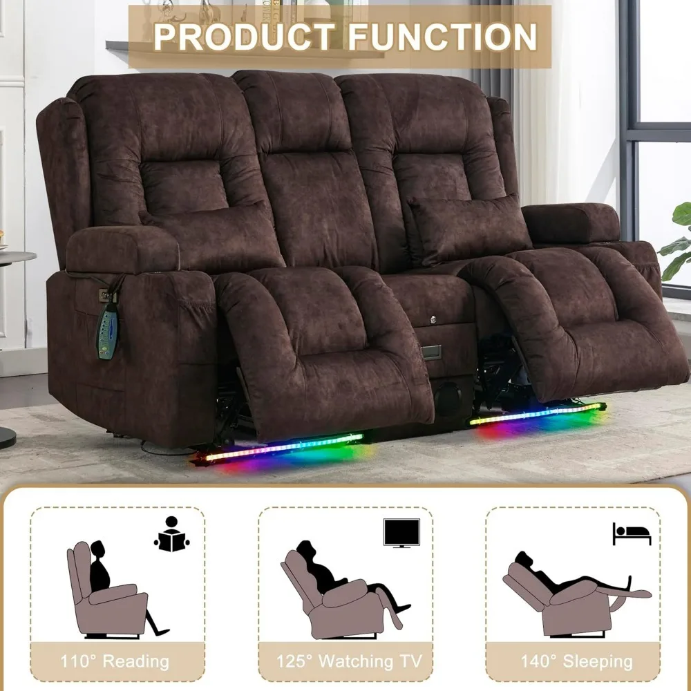 Loveseat Recliner Sofa, Home Theater Seating with Backrest Console, LED Ambient Light, Bluetooth Speakers, Built-in Outlets