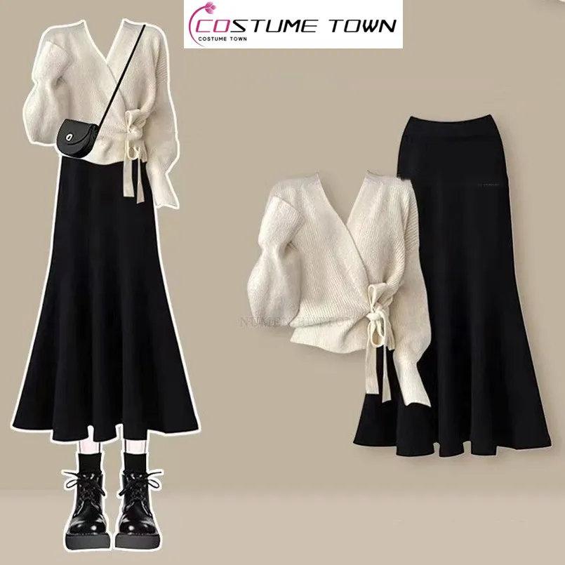 مجموعة الربيع والخريف على الطراز الفرنسي، سترة أنثوية برقبة على شكل حرف V + تنورة ذيل السمكة المحبوكة الراقية مكونة من قطعتين #1