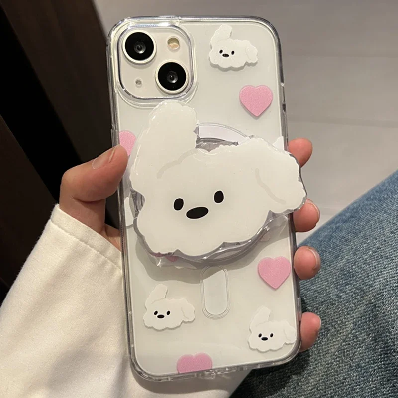 한국어 귀여운 베이지 강아지 마그네틱 홀더 그립 Tok Griptok 전화 스탠드 홀더 지원 IPhone 15 16 Pad Magsafe Smart Tok