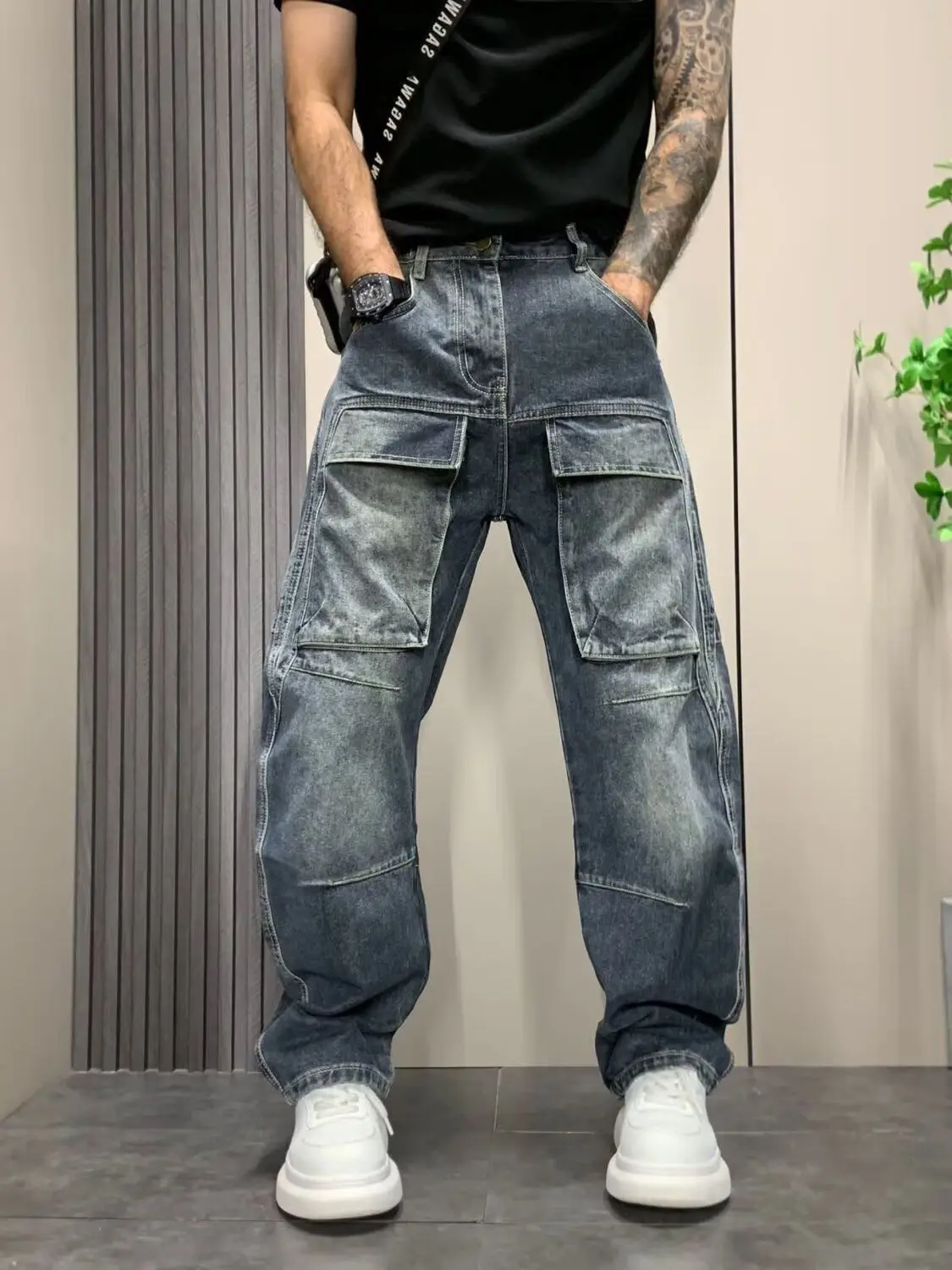 2026 Denim Wear-resistant Pocket Overalls Three-dimensional Jeans Wash Heavy Industry Retro Men Clothing Low Rise Jeans Homme