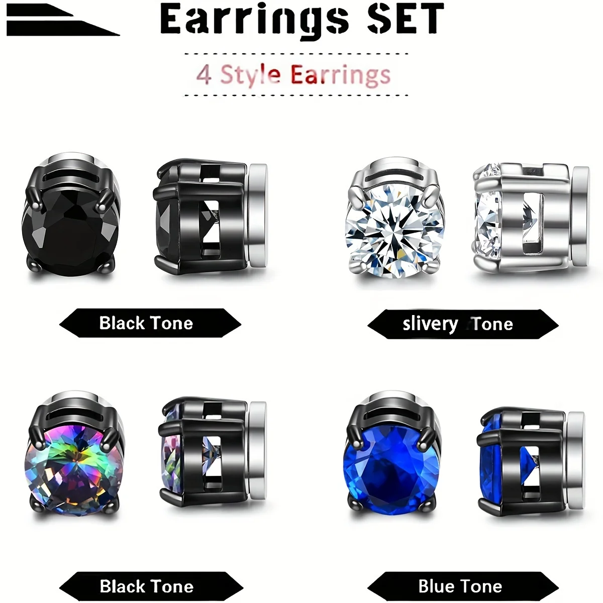 4 Pairs 6MM Cubic Zirconia Magnetic Stud Earrings For Men, Stainless Steel Magnetic Clip On Earrings, Non Piercing Earrings