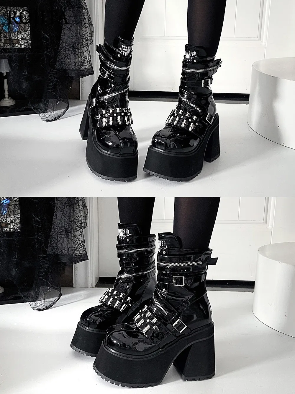 

Original Subculture Platform Short Boots Punk Style Sweet Cool Buckle Zipper Knight Boots Women's Chunky Block Heel Boots