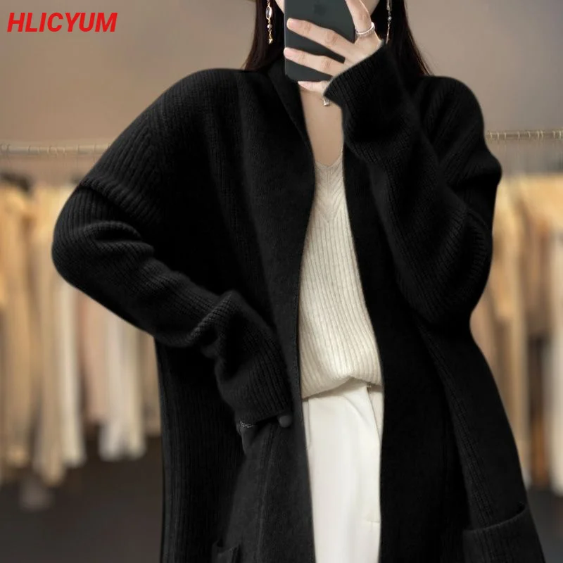 Long cashmere cardigan Autumn/winter new casual knitted garment Thickened V-collar lady\'s jacket loose 100% pure wool sweater