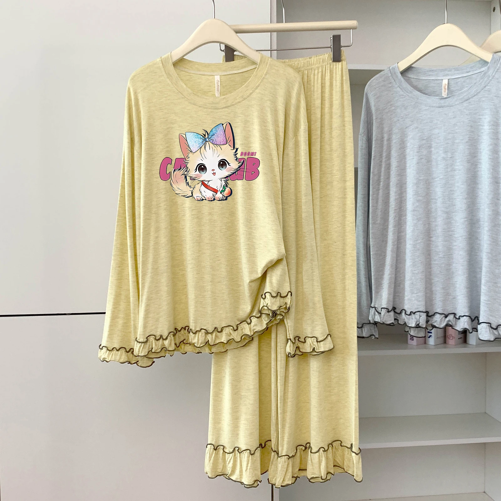 

5174-14 модальные хлопковые пижамы с круглым вырезом и длинными рукавами для женщин, весенне-осенние тонкие свободные мягкие удобные домашние одежды