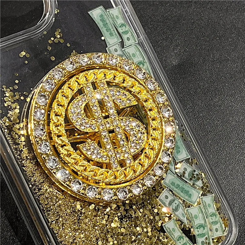 US dollar wealth Hand Spinner USD Phone Case for iPhone 11 12 13 14 15 Pro Max Plus X XS XR Liquid Quicksand spinning top Cover