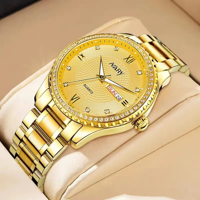 NARY Brand Luxury Original Watch for Men Gold Stainless Steel Strap Waterproof Diamond Classic Quartz Wristwatch with Date Dial