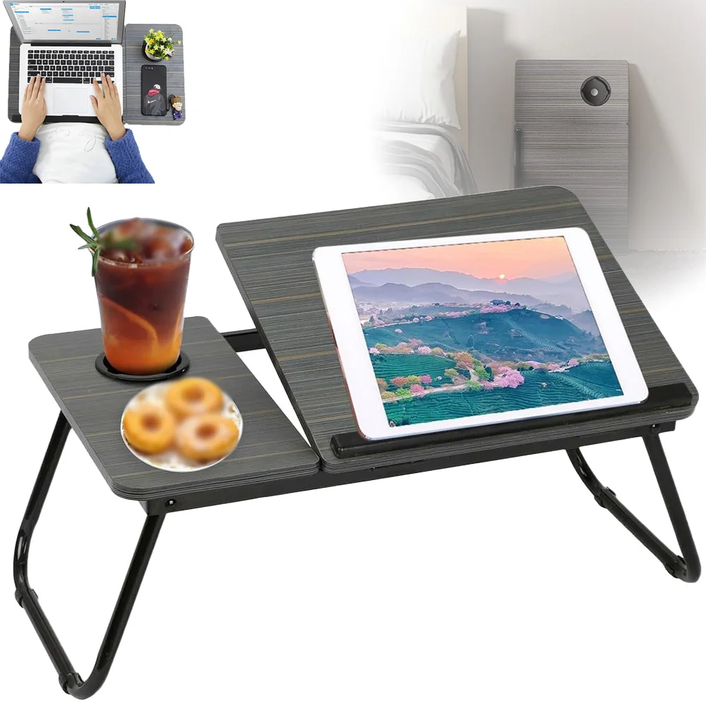 Table d'appoint pour ordinateur portable, table de lit avec pieds pliables et porte-gobelet, support de lecture, support pour ordinateur portable, plateau de petit-déjeuner, support de livre pour canapé, lit, terrasse, balcon