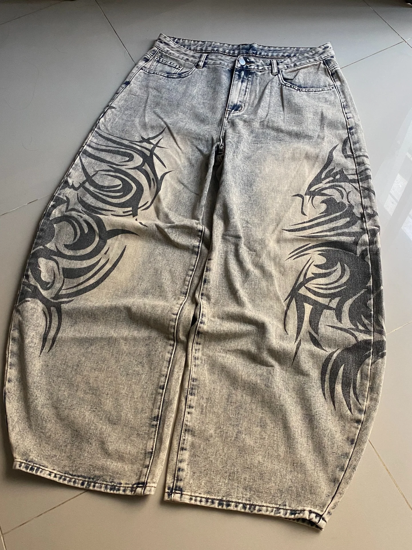American Y2K New Grey Printing Baggy Jeans Men Women High Street Vintage Hip Ho… - Image 6