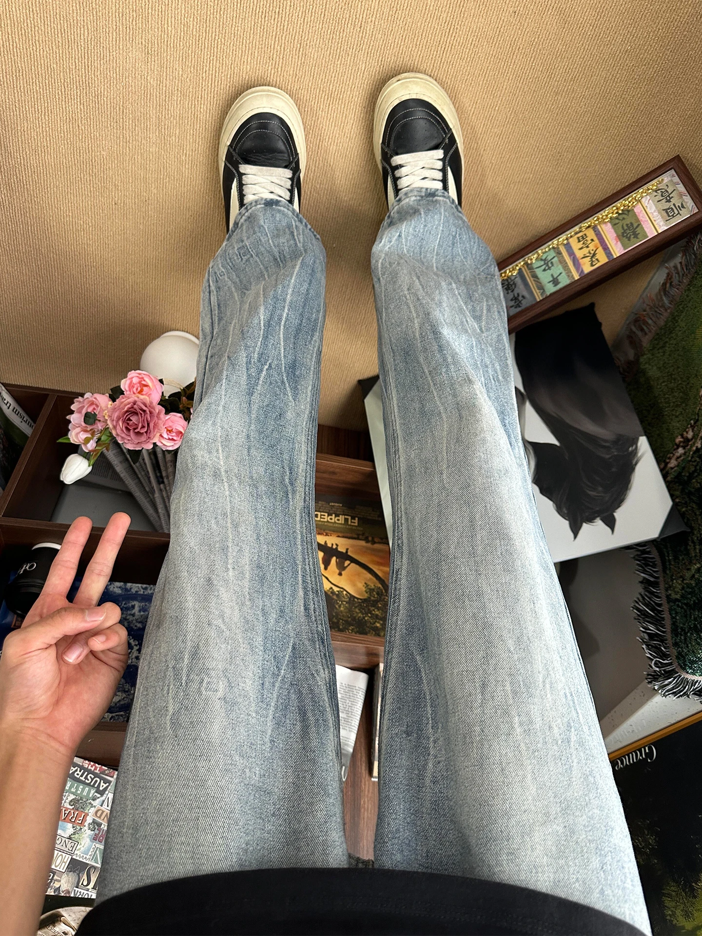 

Cleanfit American Straight Leg Jeans Men's Lightning Bamboo Pattern Denim High Street Vibe Micro Flare Knife Long Pants