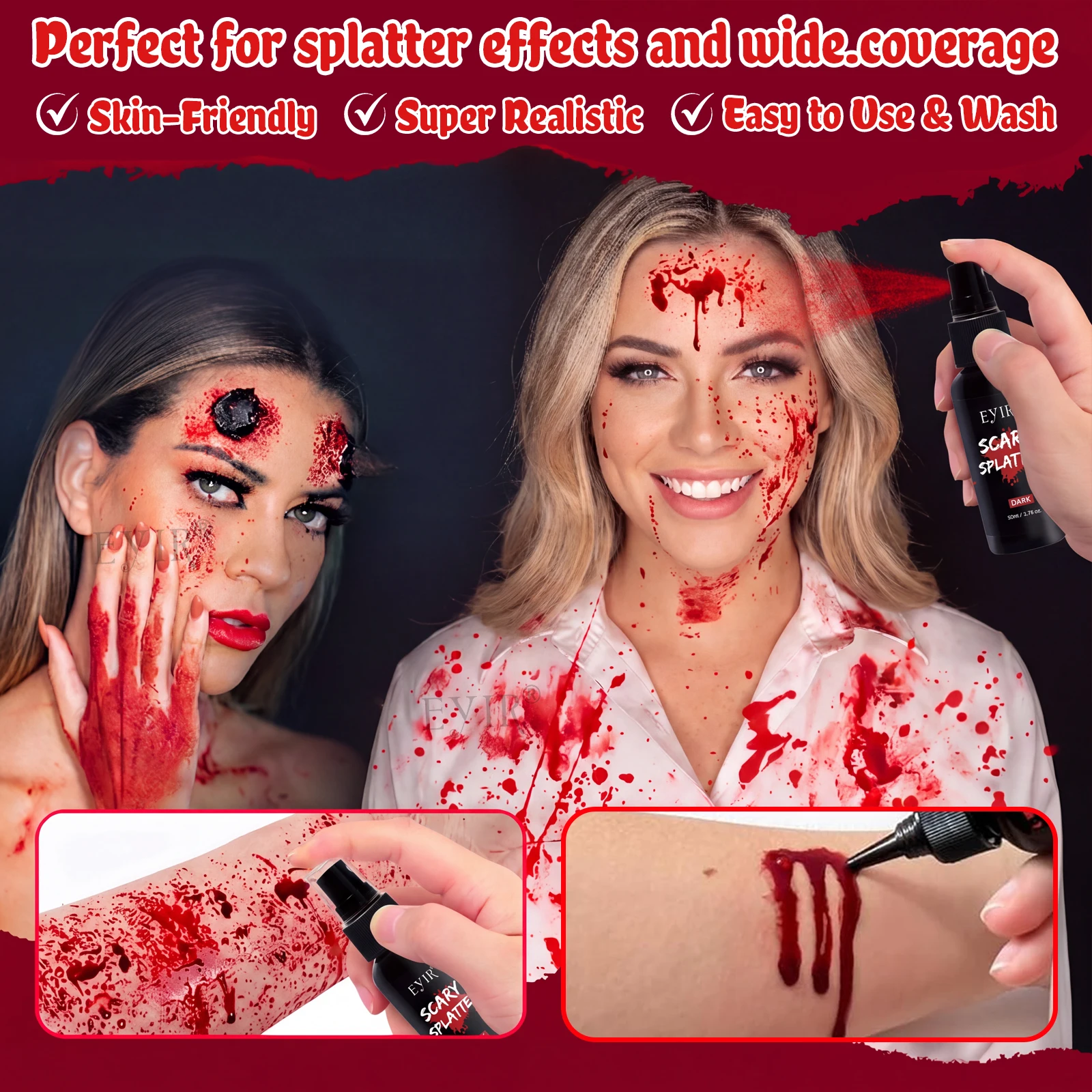 EYIR Halloween Fake Blood 2 Bottles 50ml Each Spray and Drip Effect SFX Makeup for Zombie Vampire Cosplay Costume Party Stage
