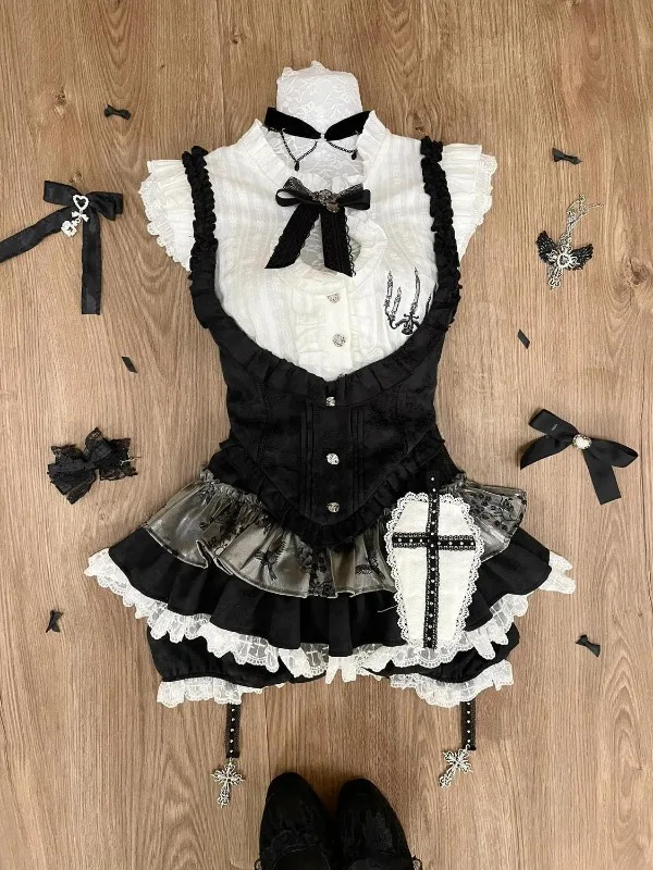 

College Style Heavy Industry Sleeveless Top Jacquard Vest Cake Skirt Set for Women Crop Top Short Dress Casual Shirts