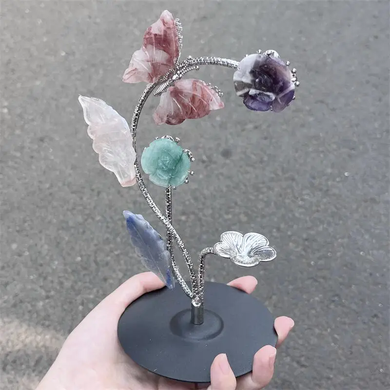 

Натуральный кристалл кварца резьба по цветку и бабочке целебный камень ремесло кристалл для домашнего декора подарок для медитации 1 шт.