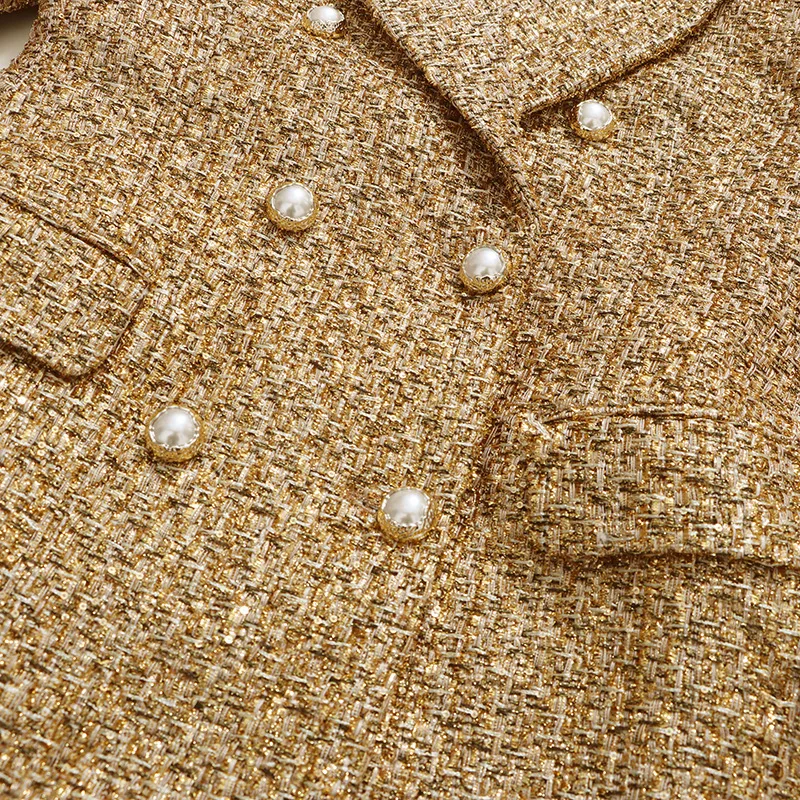 HKSH Spring Autumn New Women Blazer Tweed Double Breasted Notched Collar Pockets Slim Fit Elegant Fashion High-end Coats HK16260