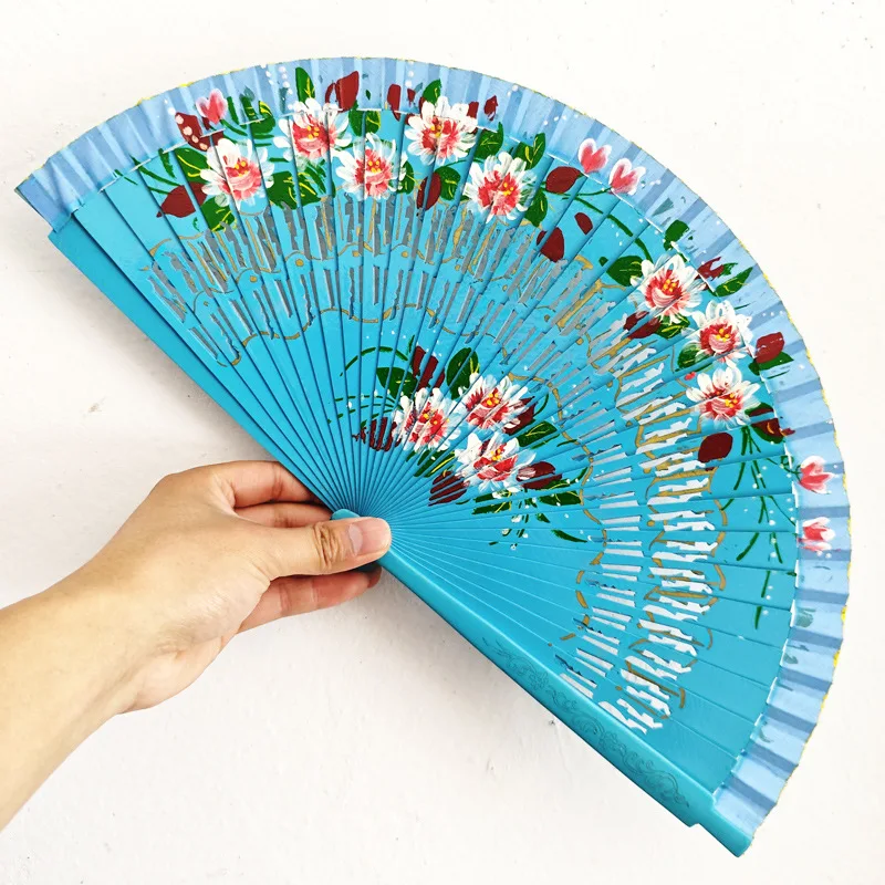 

Chinese Style Folding Fan Hollow Double-sided Craft Gift Dancing Printing Wood Spanish Handheld Fan For Home Party Supplies