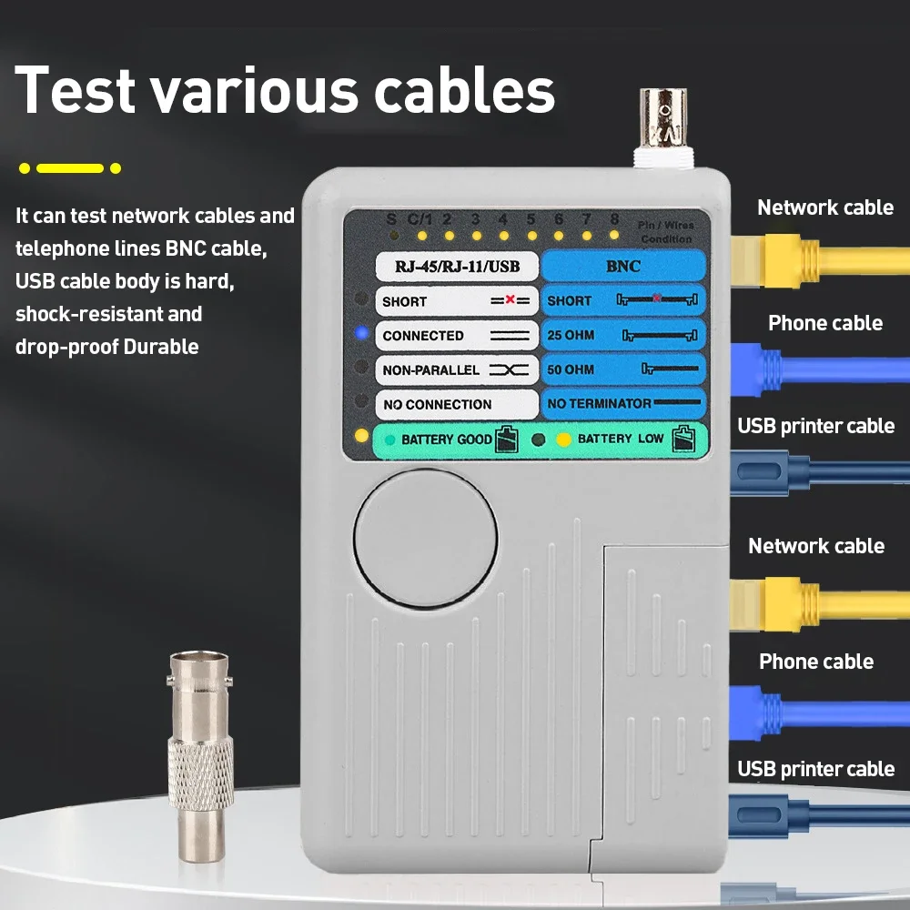 جهاز اختبار ZoeRax 4-in-1 RJ45 للشبكة والهاتف متعدد الكابلات مع شاشة LED لـ RJ11/RJ45/BNC/USB، نطاق 90 مترًا، جهاز اختبار الأسلاك التي تعمل بالطاقة 9 فولت
