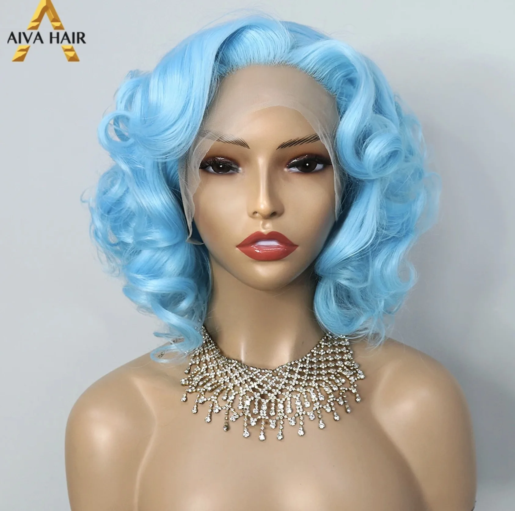 

Blue Color Synthetic Body Wave Drag Queen Glueless Heat Resistant 13X4 Lace Front Wigs For Women Cosplay Pre Plucked