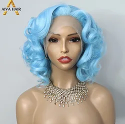 Pelucas delanteras de encaje 13X4 resistentes al calor sin pegamento Drag Queen ondulado sintético de Color azul para mujeres Cosplay prearrancado