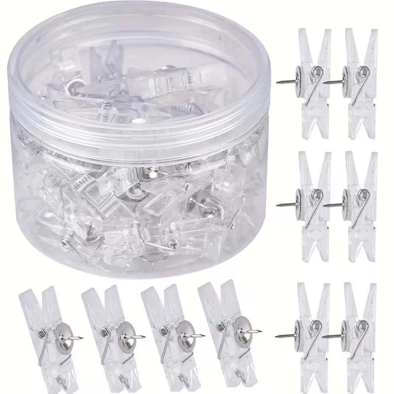 20pcs Multifunctional Clip-shaped Thumb Tacks for Cork Board Transparent Plastic Push Pins Home Wall Decoration Party Supply