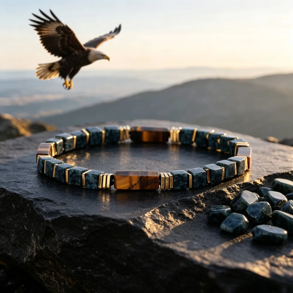 Men's Square Tiger's Eye and African Turquoise Beaded Bracelet – 