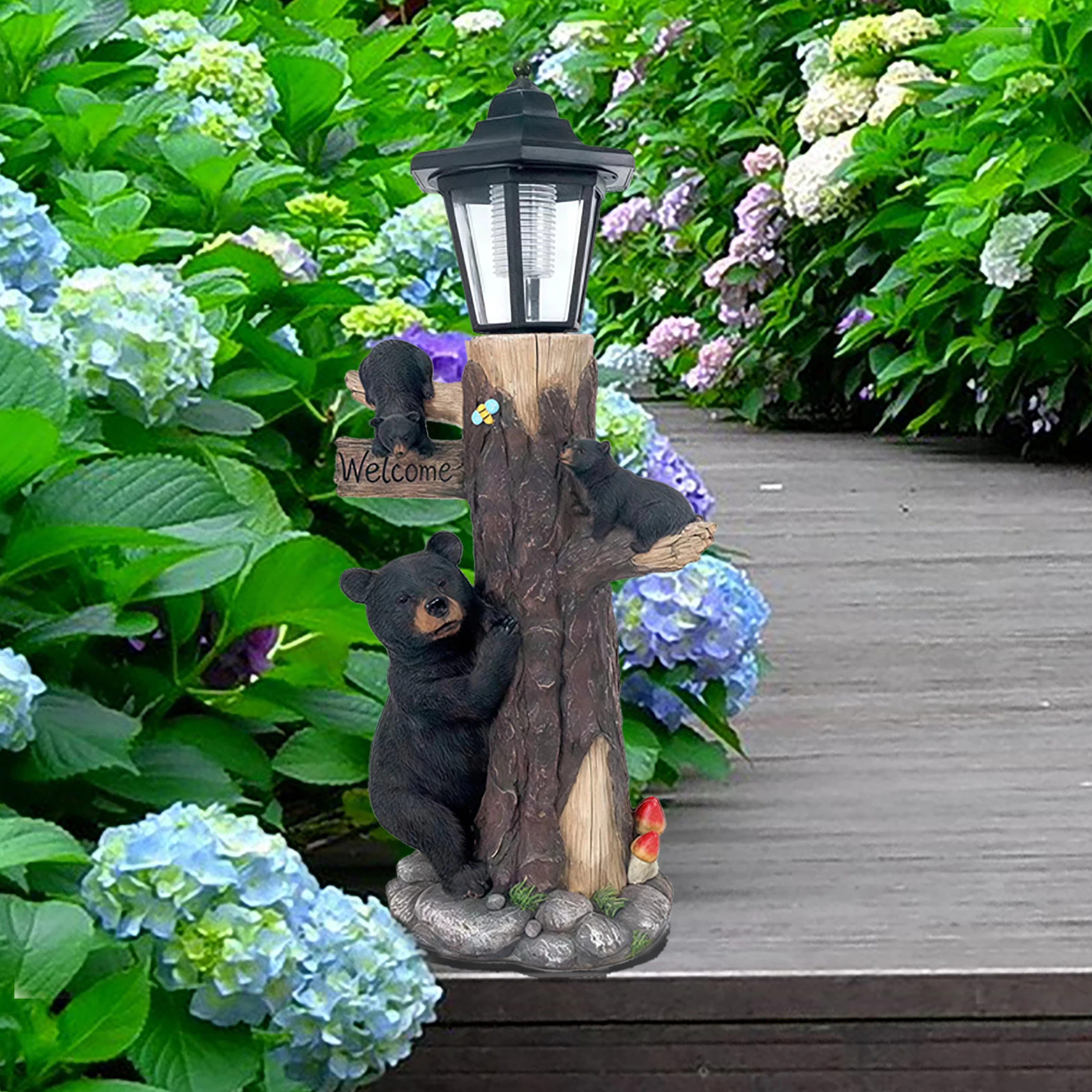 

Bear Statue Welcome Sign Garden Statue With Solar Lights, 19 Inches Resin Bear Family On The Tree