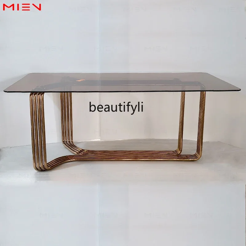 

P Nordic light luxury stainless steel square tea glass dining table living room rock slab dining table