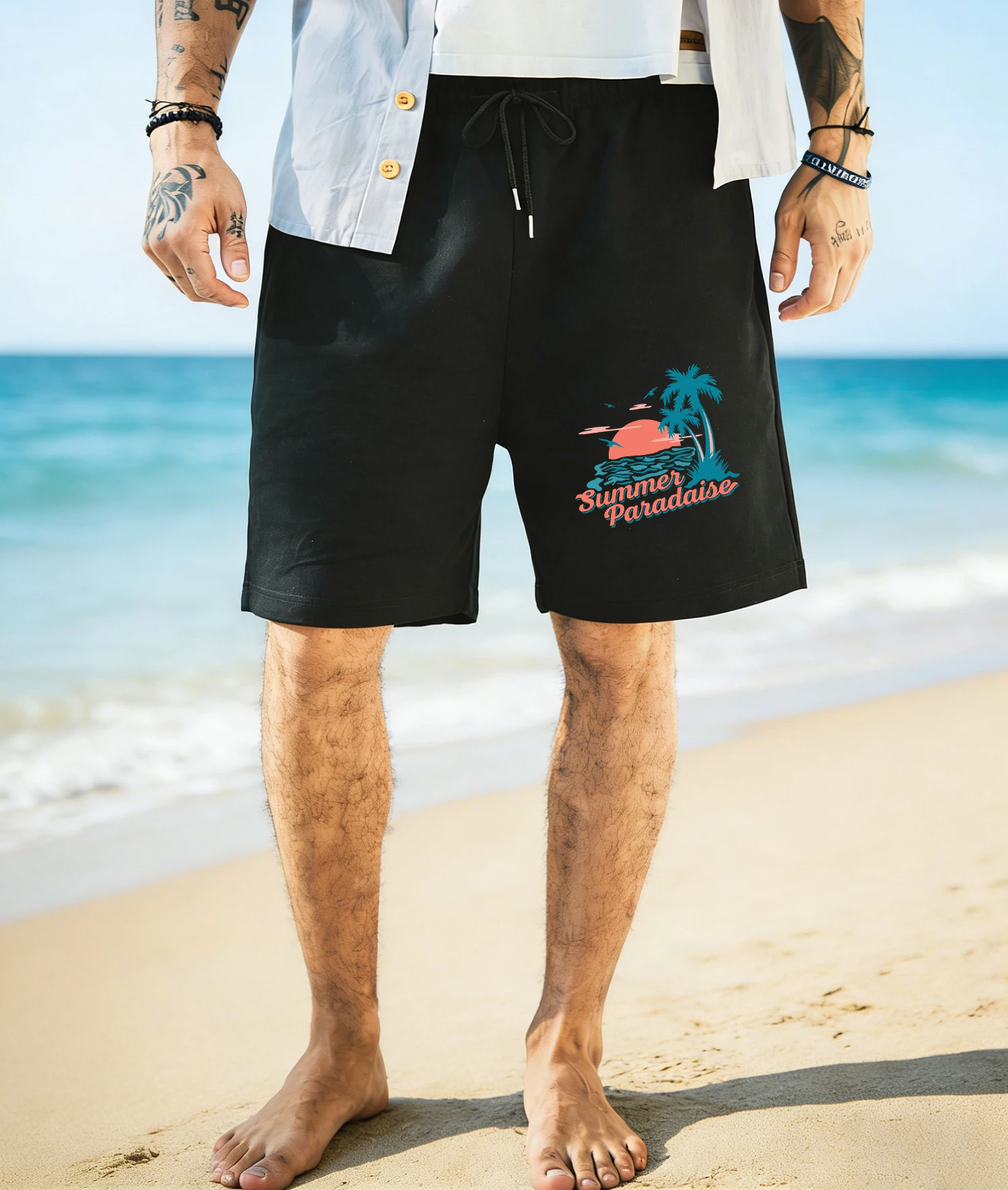 

Летние брюки с пляжными принтами и карманами, мужские летние шорты на шнурке, свободные широкие брюки, черные, унисекс, спортивная одежда в стиле ретро