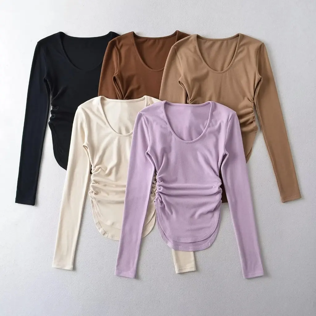 

Women's Pure Desire Style U-Neck Chest-Showing Double-Sided Brushed Long-Sleeved T-Shirt Autumn Pleated Waist-Tight Top